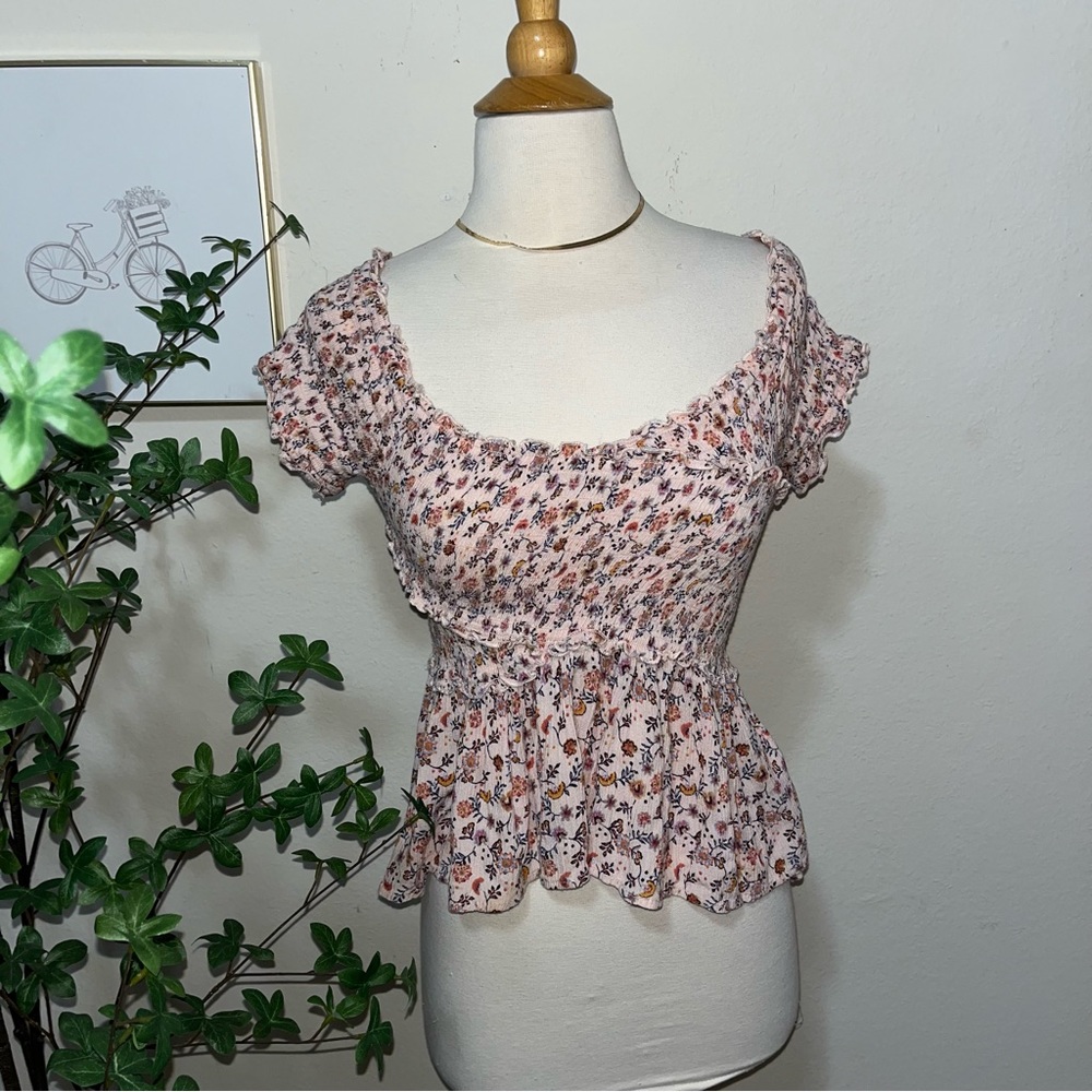 Patrons of Peace Smocked Floral Peplum Top Size Small Boho Cottagecore